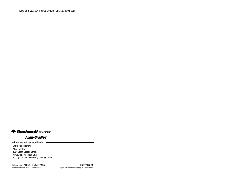 Back cover | Rockwell Automation 1794-IA8 INSTL INST 8 INPUT MODULE User Manual | Page 10 / 10