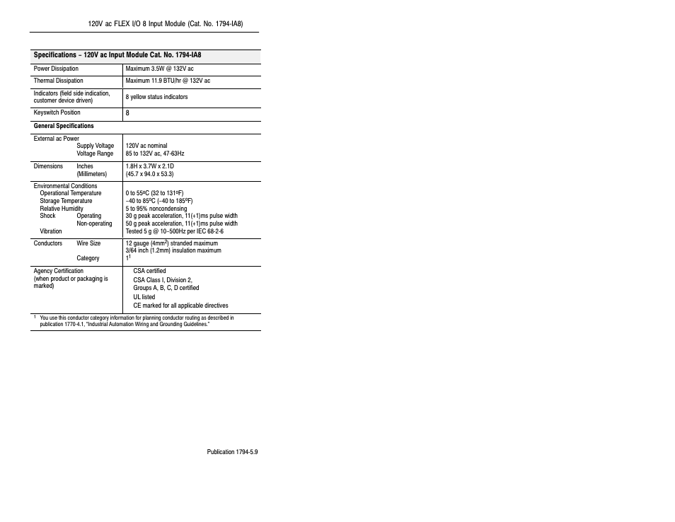 General specifications | Rockwell Automation 1794-IA8 INSTL INST 8 INPUT MODULE User Manual | Page 9 / 10