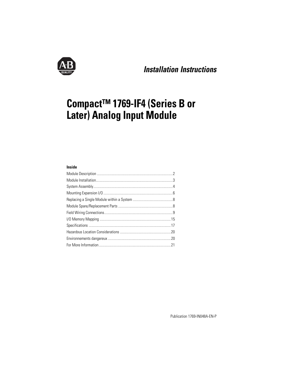 Rockwell Automation 1769-IF4 Compact (Series B or Later) Analog Input Module User Manual | 24 pages