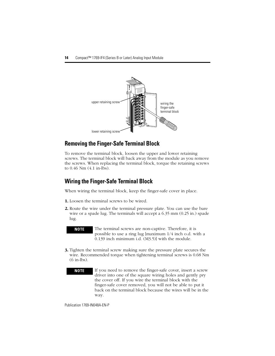 Removing the finger-safe terminal block, Wiring the finger-safe terminal block | Rockwell Automation 1769-IF4 Compact (Series B or Later) Analog Input Module User Manual | Page 14 / 24