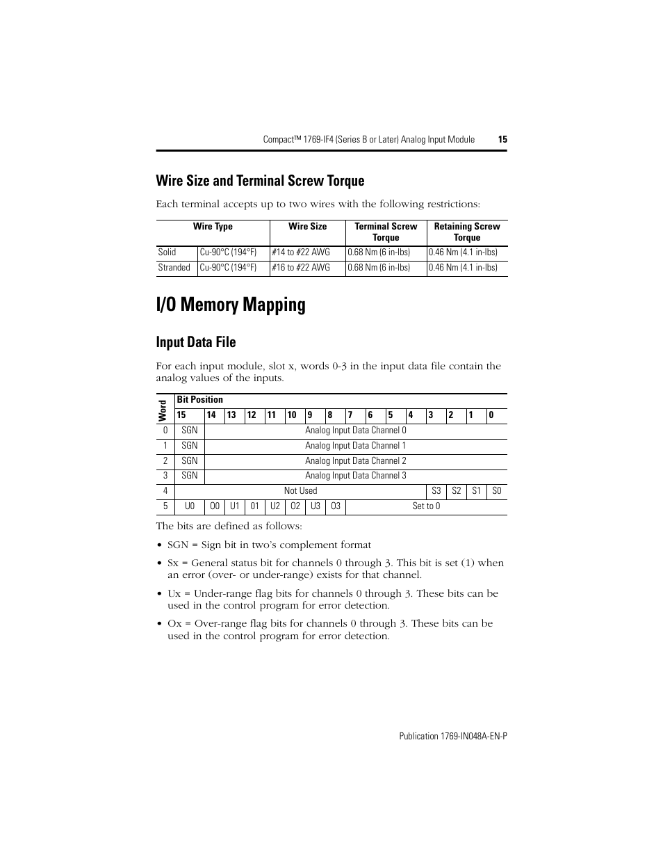 I/o memory mapping, Wire size and terminal screw torque, Input data file | Rockwell Automation 1769-IF4 Compact (Series B or Later) Analog Input Module User Manual | Page 15 / 24