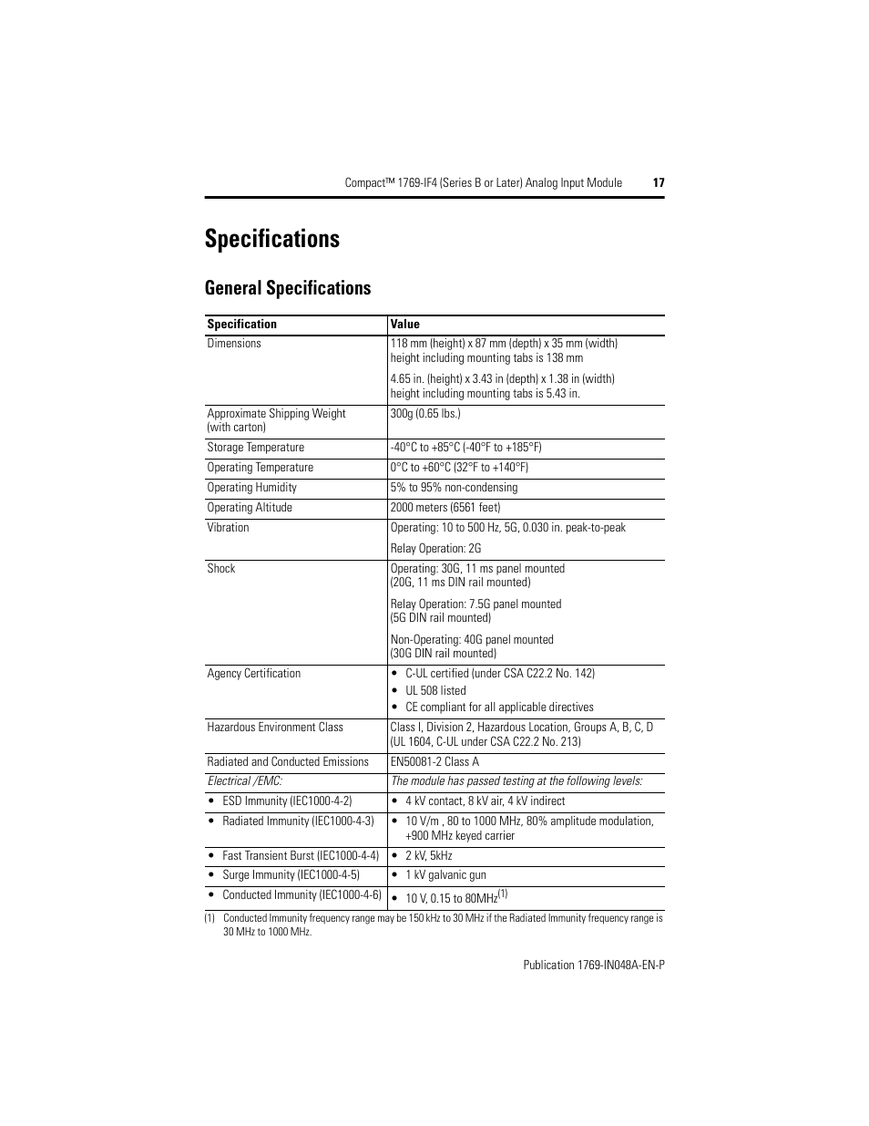 Specifications, General specifications | Rockwell Automation 1769-IF4 Compact (Series B or Later) Analog Input Module User Manual | Page 17 / 24