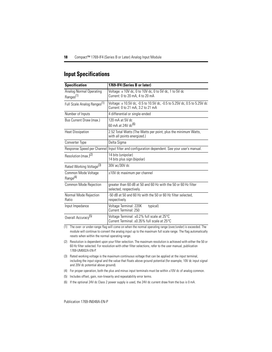 Input specifications | Rockwell Automation 1769-IF4 Compact (Series B or Later) Analog Input Module User Manual | Page 18 / 24