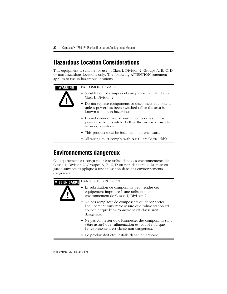 Hazardous location considerations, Environnements dangereux | Rockwell Automation 1769-IF4 Compact (Series B or Later) Analog Input Module User Manual | Page 20 / 24