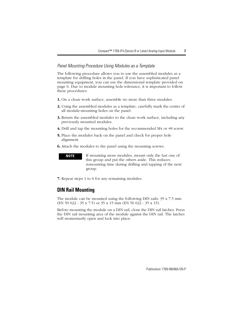 Din rail mounting | Rockwell Automation 1769-IF4 Compact (Series B or Later) Analog Input Module User Manual | Page 7 / 24