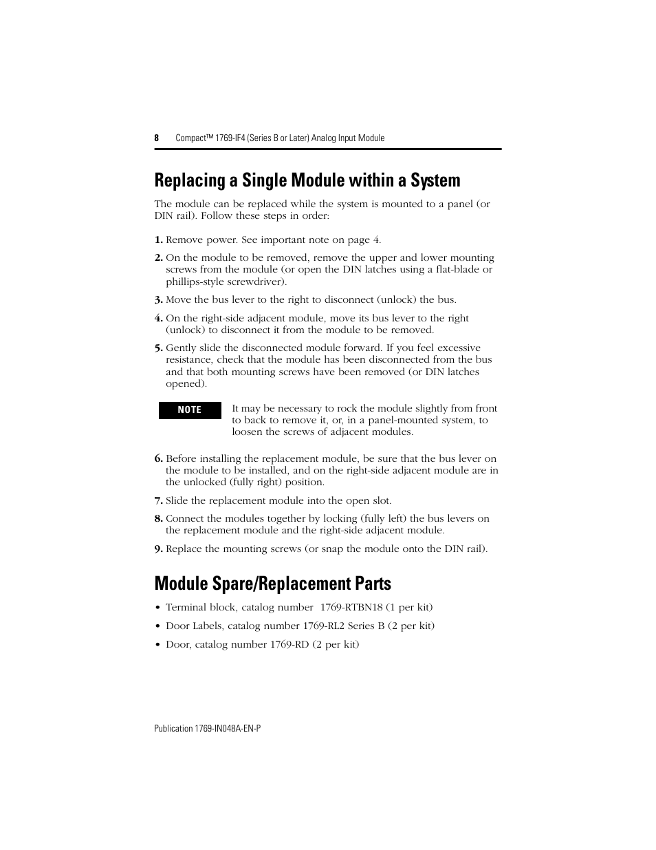 Replacing a single module within a system, Module spare/replacement parts | Rockwell Automation 1769-IF4 Compact (Series B or Later) Analog Input Module User Manual | Page 8 / 24