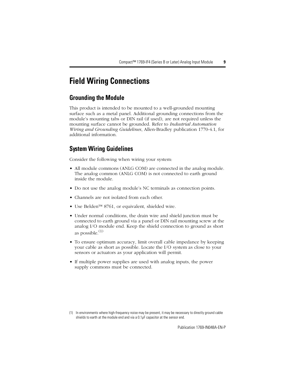Field wiring connections, Grounding the module, System wiring guidelines | Rockwell Automation 1769-IF4 Compact (Series B or Later) Analog Input Module User Manual | Page 9 / 24