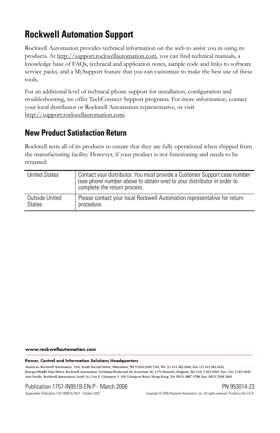 Back cover, Rockwell automation support, New product satisfaction return | Rockwell Automation 1757-SWKIT5100 ProcessLogix R510.0 Server Installation Instructions User Manual | Page 12 / 12