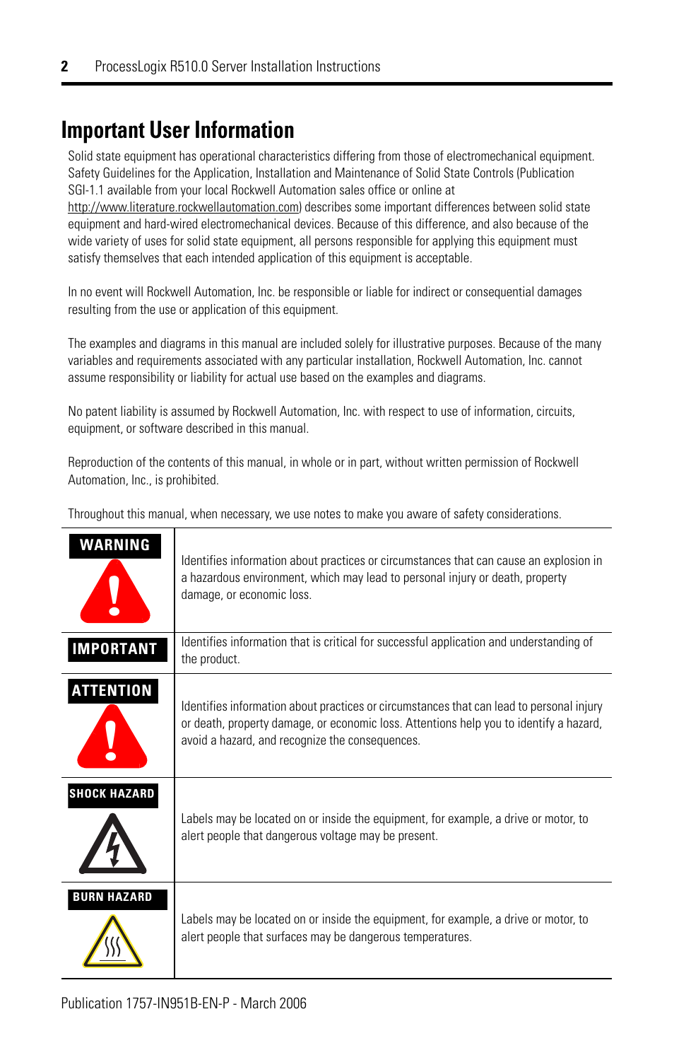 Important user information | Rockwell Automation 1757-SWKIT5100 ProcessLogix R510.0 Server Installation Instructions User Manual | Page 2 / 12