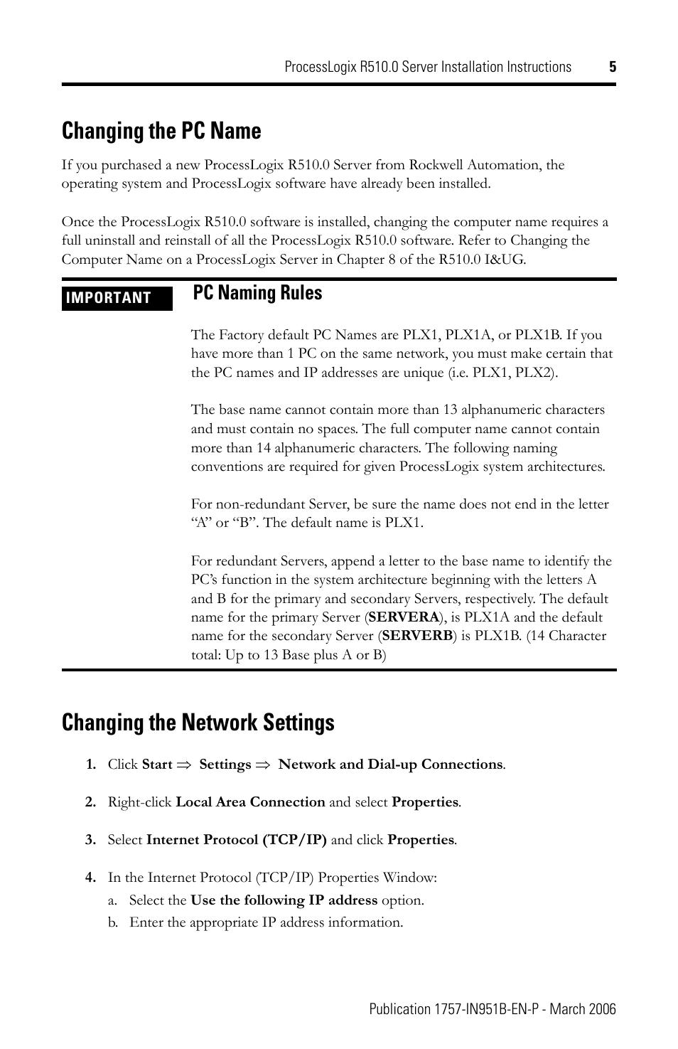 Changing the pc name, Pc naming rules, Changing the network settings | Rockwell Automation 1757-SWKIT5100 ProcessLogix R510.0 Server Installation Instructions User Manual | Page 5 / 12