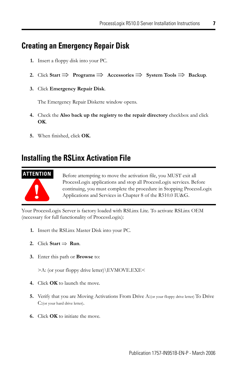 Creating an emergency repair disk, Installing the rslinx activation file | Rockwell Automation 1757-SWKIT5100 ProcessLogix R510.0 Server Installation Instructions User Manual | Page 7 / 12