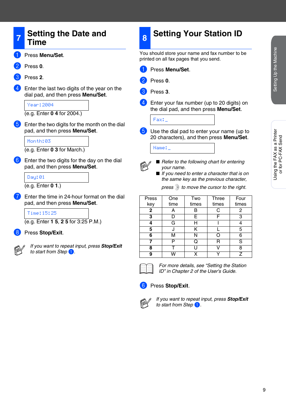 7 setting the date and time, 8 setting your station id, Setting the date and time | Setting your station id, 7setting the date and time, 8setting your station id | Brother FAX-2440C User Manual | Page 11 / 16