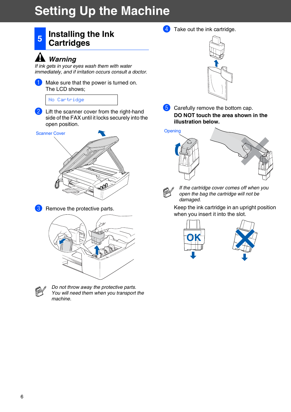 5 installing the ink cartridges, Installing the ink cartridges, Setting up the machine | 5installing the ink cartridges | Brother FAX-2440C User Manual | Page 8 / 16