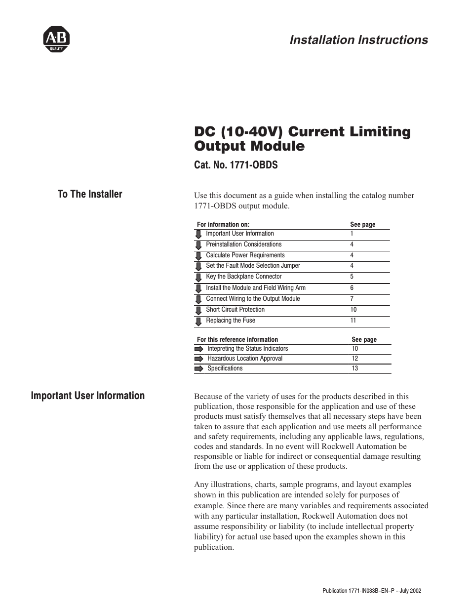 Rockwell Automation 1771-OBDS DC(10-40V)Current Limiting Input Module Installation Instructions User Manual | 16 pages