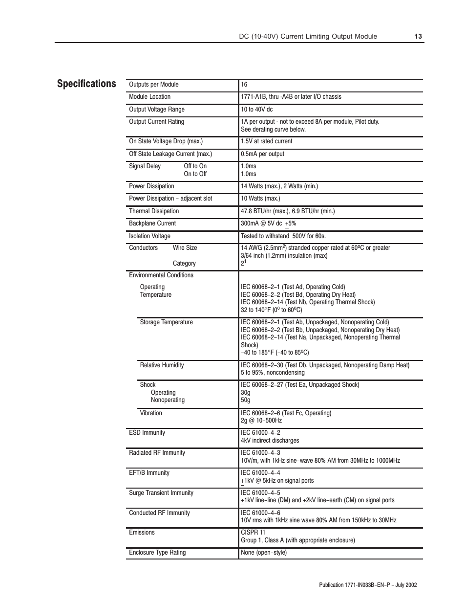 Specifications | Rockwell Automation 1771-OBDS DC(10-40V)Current Limiting Input Module Installation Instructions User Manual | Page 13 / 16