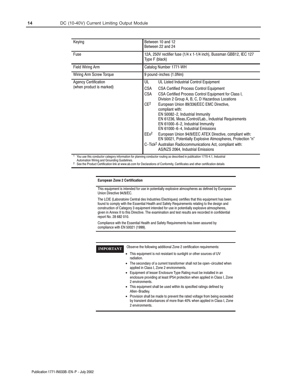 Rockwell Automation 1771-OBDS DC(10-40V)Current Limiting Input Module Installation Instructions User Manual | Page 14 / 16