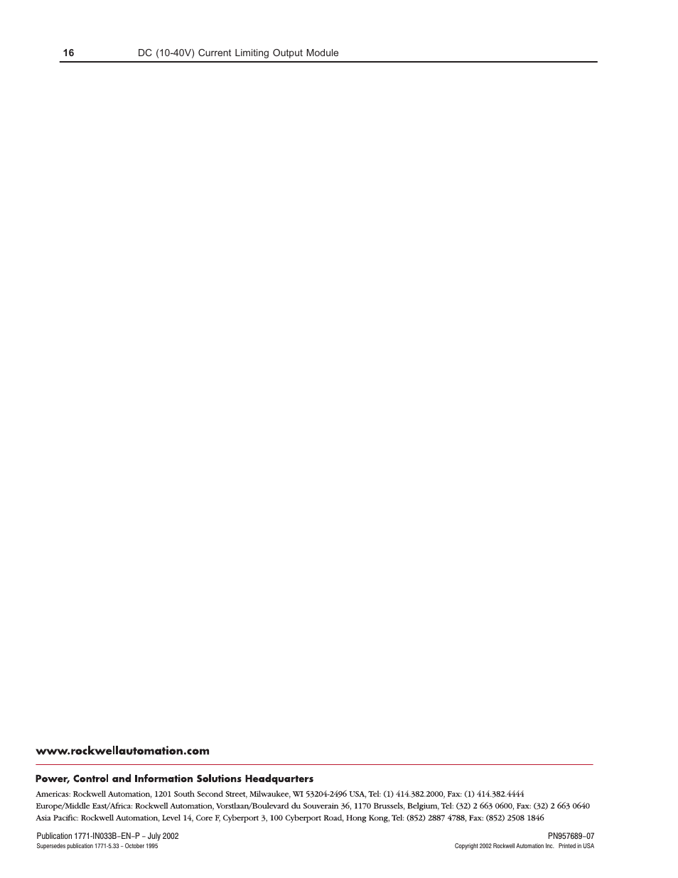 Rockwell Automation 1771-OBDS DC(10-40V)Current Limiting Input Module Installation Instructions User Manual | Page 16 / 16