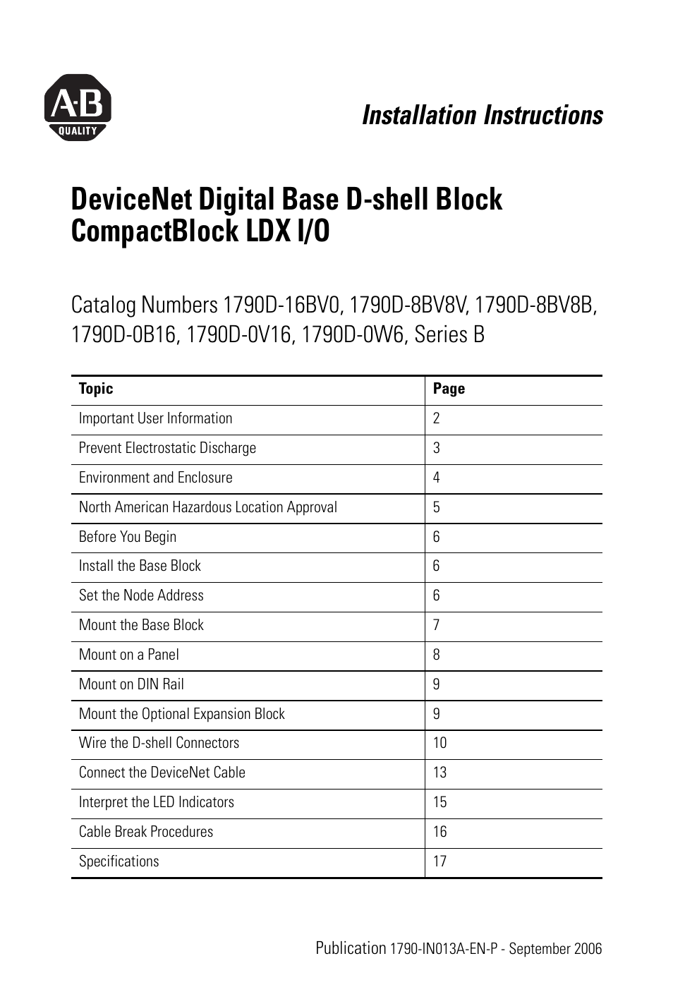 Rockwell Automation 1790D-XXXX DeviceNet Digital Base D-Shell Module CompactBlock LDX I/O Series B User Manual | 24 pages