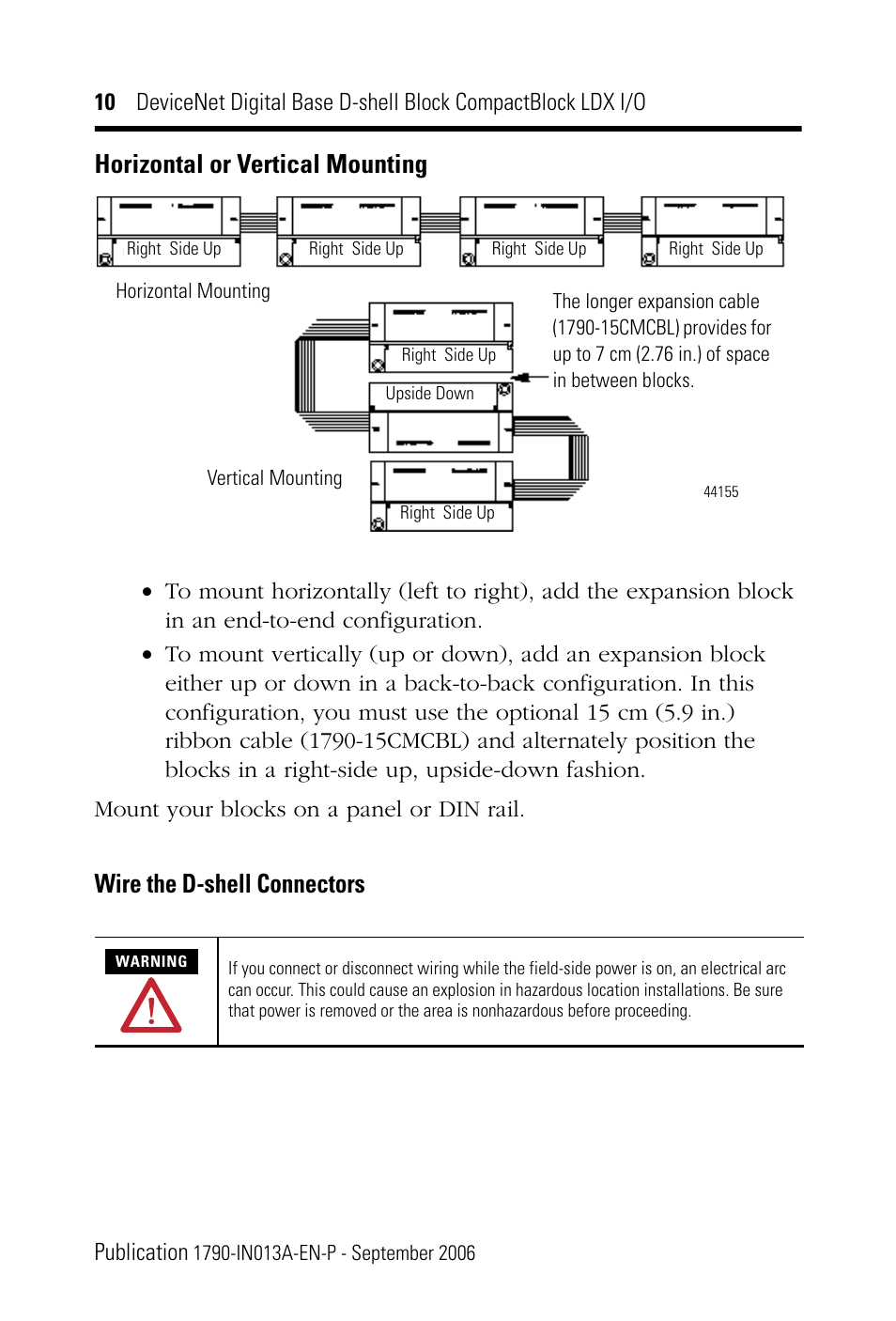 Wire the d-shell connectors, Horizontal or vertical mounting | Rockwell Automation 1790D-XXXX DeviceNet Digital Base D-Shell Module CompactBlock LDX I/O Series B User Manual | Page 10 / 24