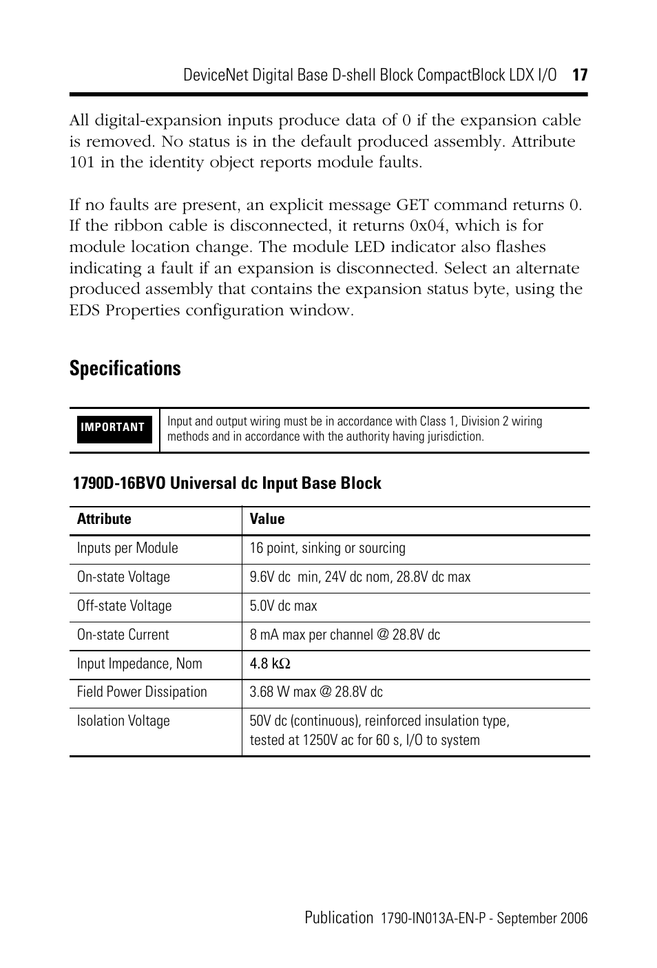 Specifications, Specifications 17 | Rockwell Automation 1790D-XXXX DeviceNet Digital Base D-Shell Module CompactBlock LDX I/O Series B User Manual | Page 17 / 24