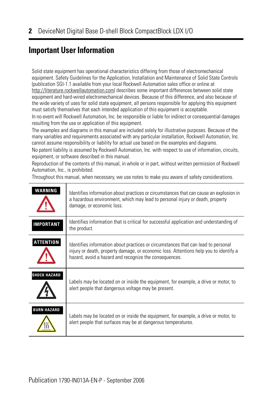 Important user information | Rockwell Automation 1790D-XXXX DeviceNet Digital Base D-Shell Module CompactBlock LDX I/O Series B User Manual | Page 2 / 24