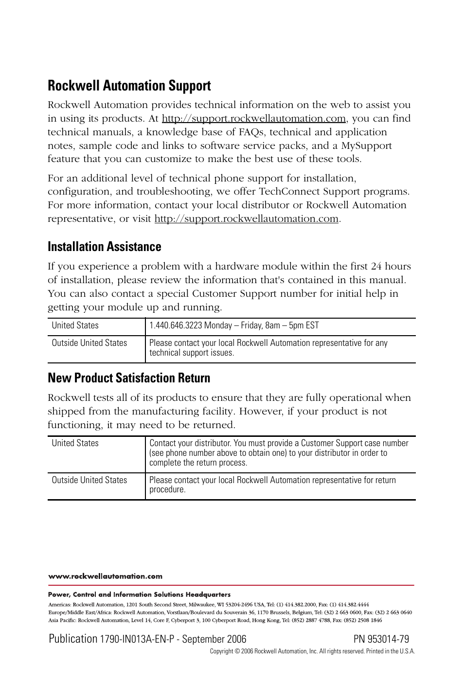 Rockwell automation support, Installation assistance, New product satisfaction return | Publication | Rockwell Automation 1790D-XXXX DeviceNet Digital Base D-Shell Module CompactBlock LDX I/O Series B User Manual | Page 24 / 24