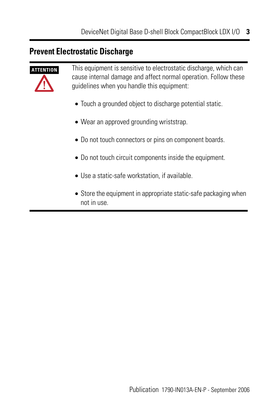 Prevent electrostatic discharge | Rockwell Automation 1790D-XXXX DeviceNet Digital Base D-Shell Module CompactBlock LDX I/O Series B User Manual | Page 3 / 24