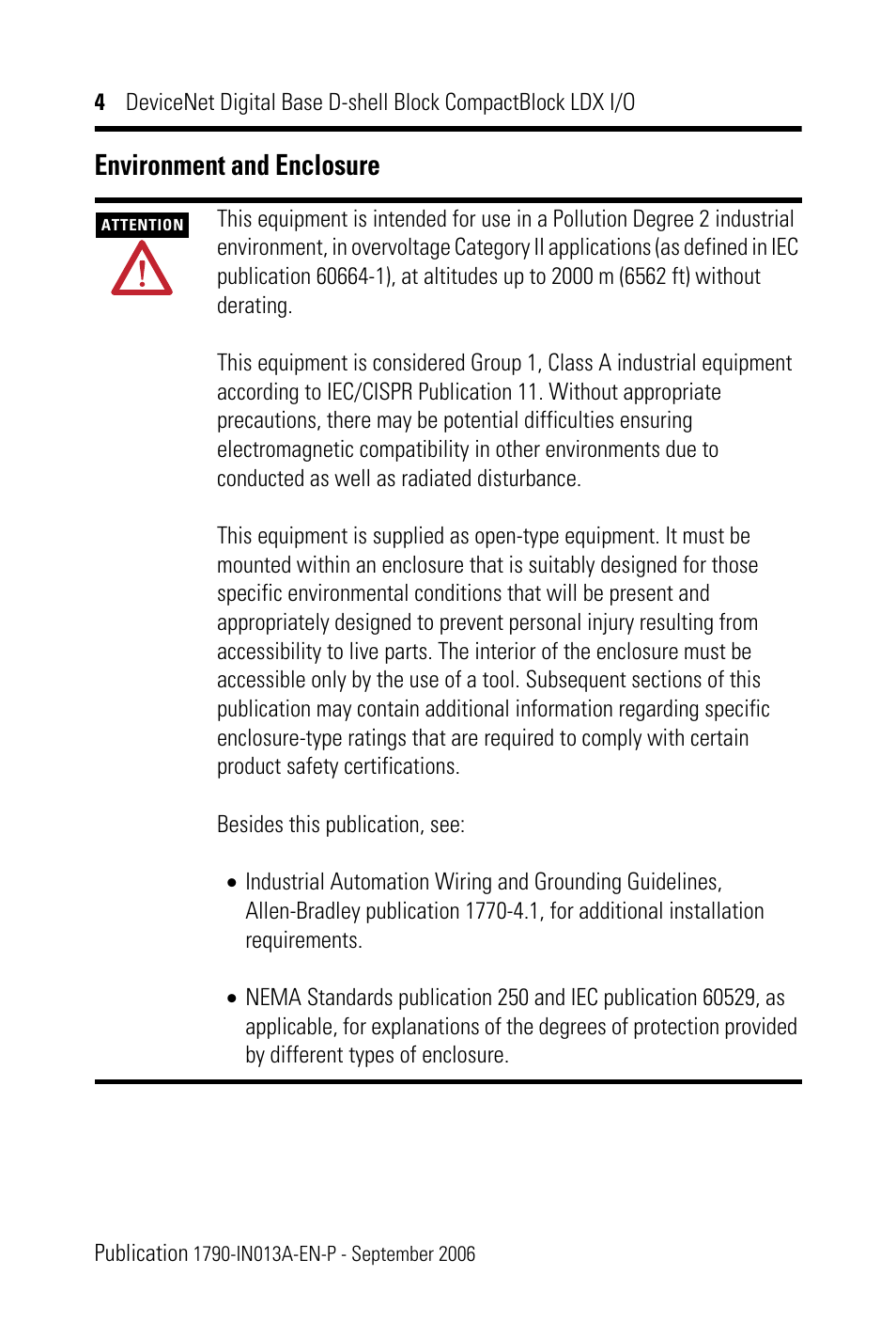 Environment and enclosure | Rockwell Automation 1790D-XXXX DeviceNet Digital Base D-Shell Module CompactBlock LDX I/O Series B User Manual | Page 4 / 24