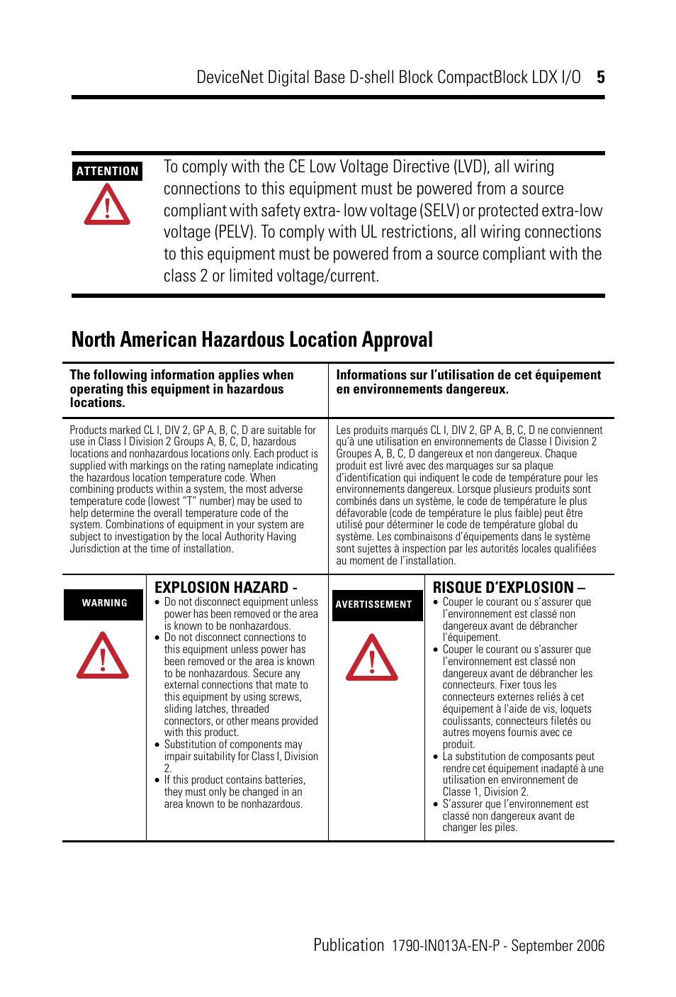 North american hazardous location approval, Explosion hazard, Risque d’explosion | Rockwell Automation 1790D-XXXX DeviceNet Digital Base D-Shell Module CompactBlock LDX I/O Series B User Manual | Page 5 / 24