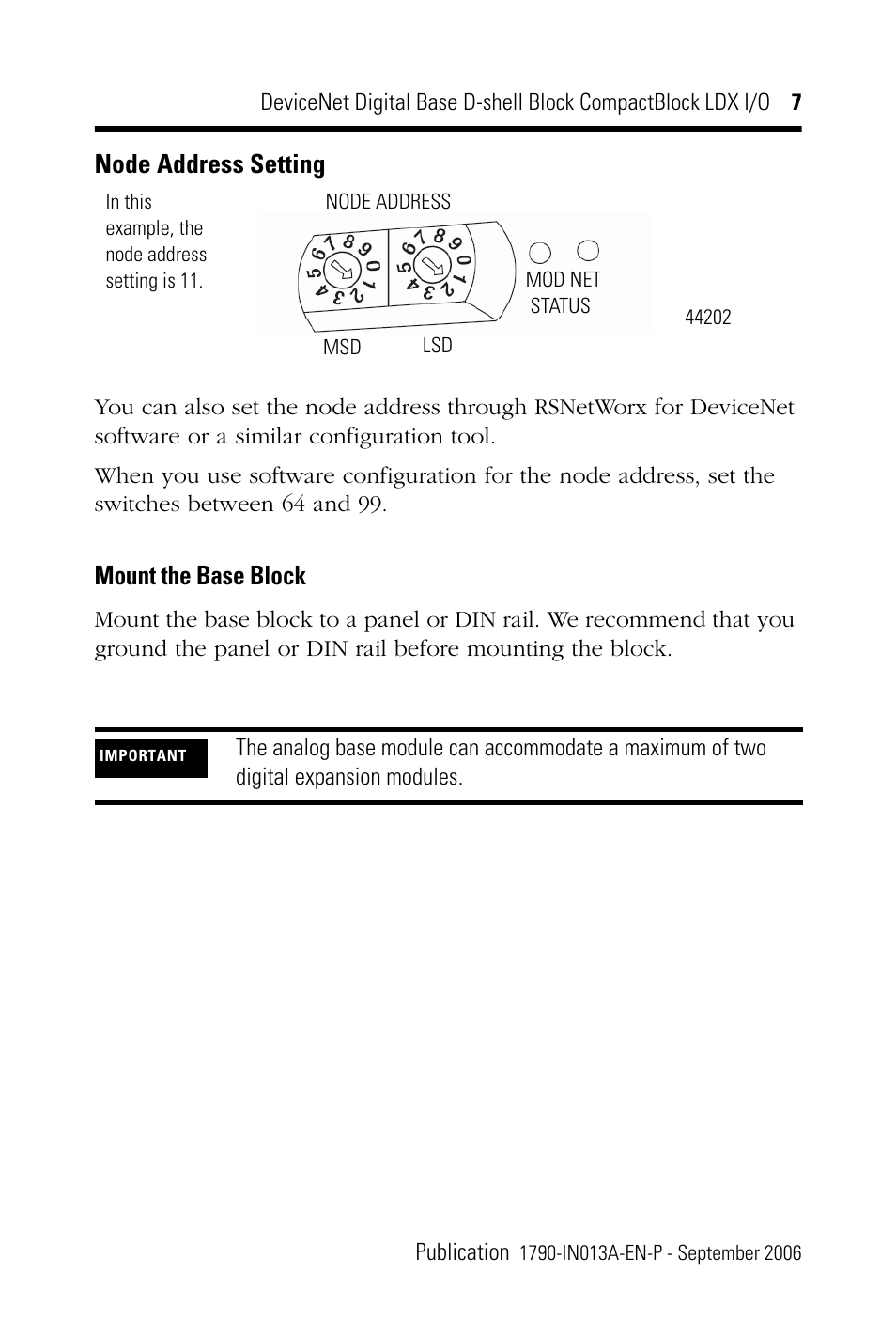 Mount the base block, Node address setting | Rockwell Automation 1790D-XXXX DeviceNet Digital Base D-Shell Module CompactBlock LDX I/O Series B User Manual | Page 7 / 24