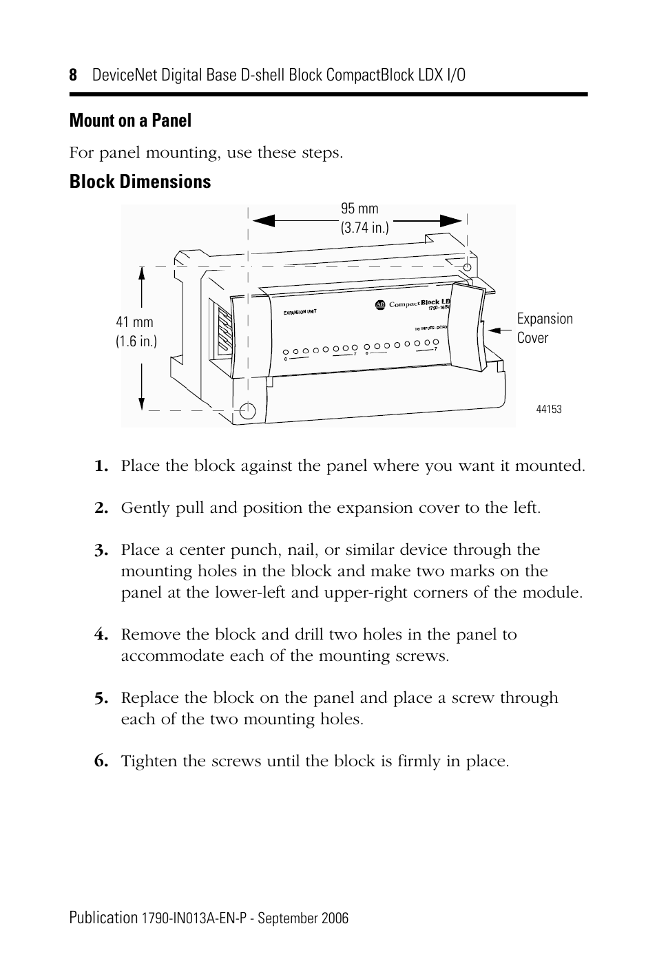 Mount on a panel | Rockwell Automation 1790D-XXXX DeviceNet Digital Base D-Shell Module CompactBlock LDX I/O Series B User Manual | Page 8 / 24