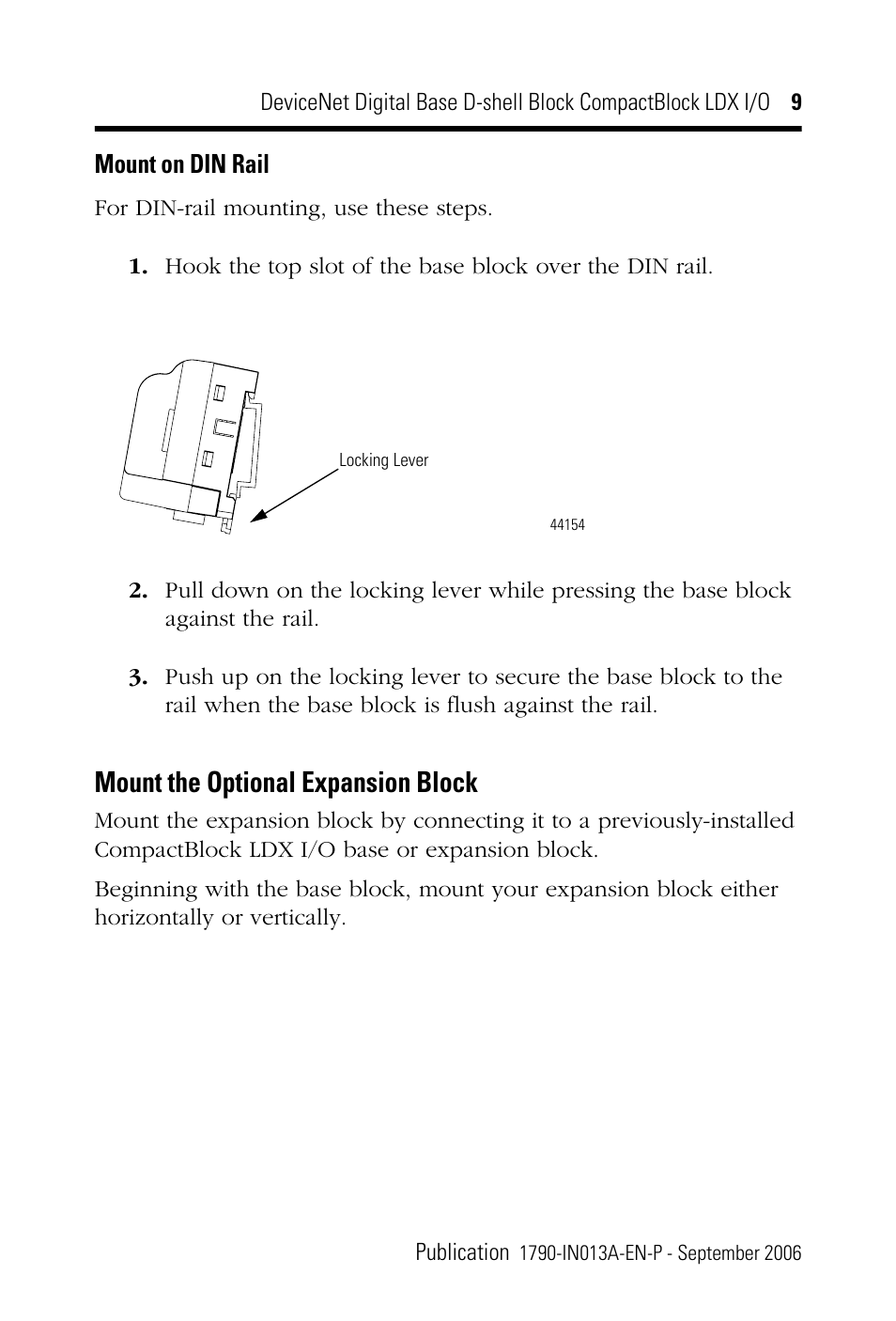 Mount the optional expansion block, Mount on din rail | Rockwell Automation 1790D-XXXX DeviceNet Digital Base D-Shell Module CompactBlock LDX I/O Series B User Manual | Page 9 / 24