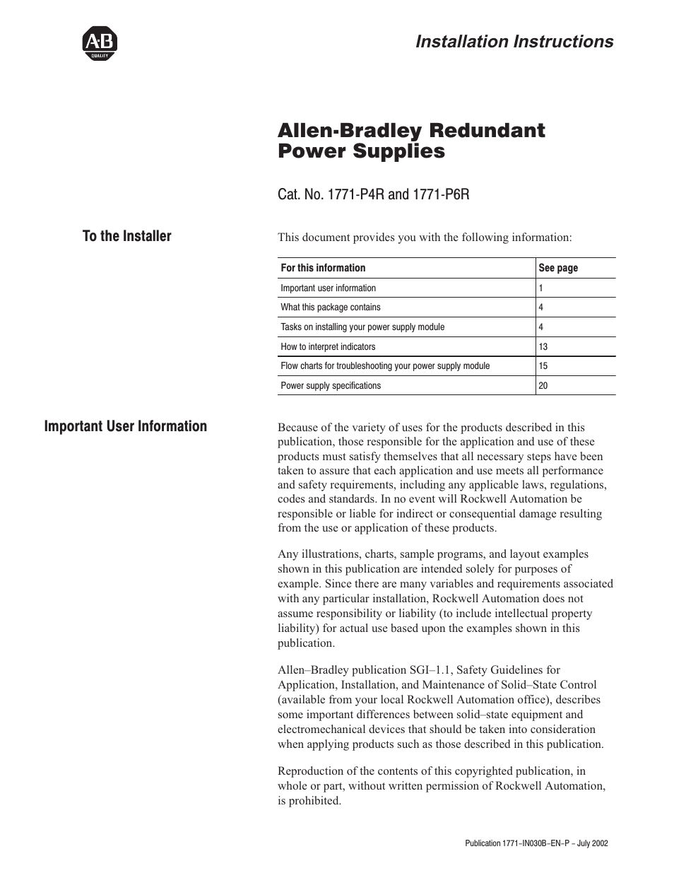 Rockwell Automation 1771-P4R_P6R Allen-Bradley Redundent Power Installation Instructions User Manual | 24 pages