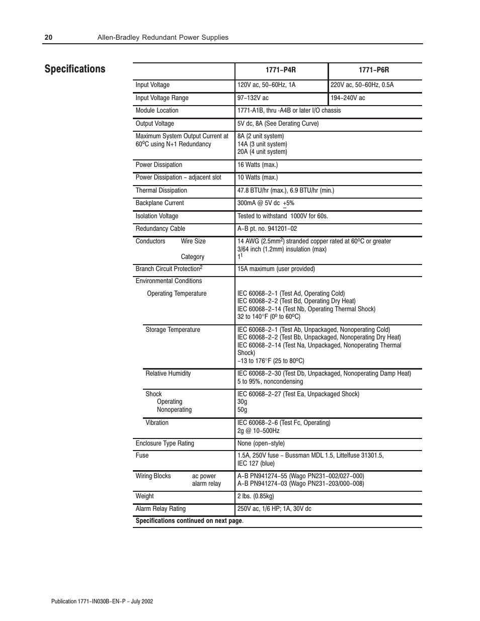 Specifications | Rockwell Automation 1771-P4R_P6R Allen-Bradley Redundent Power Installation Instructions User Manual | Page 20 / 24