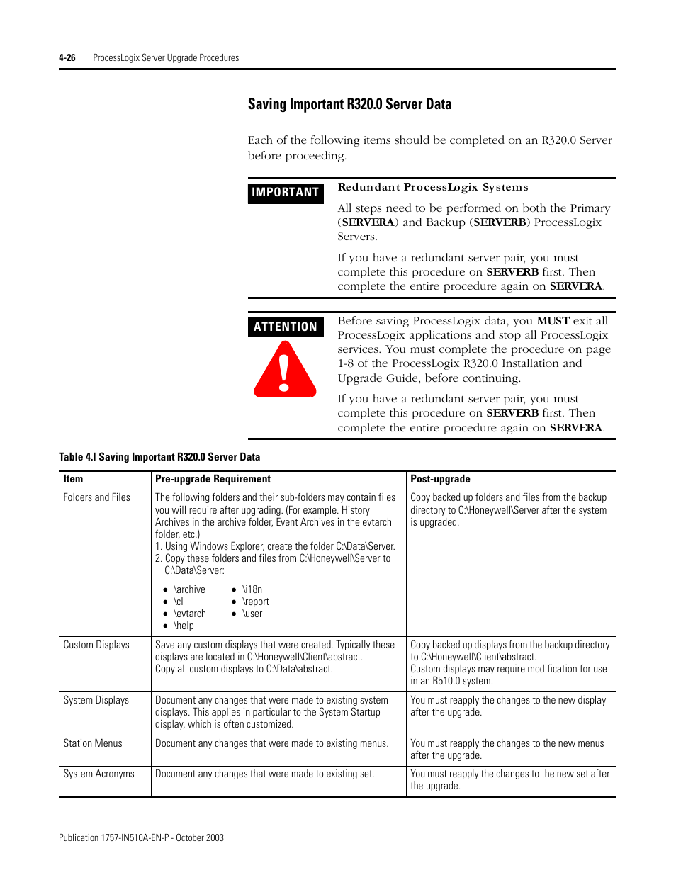 Saving important r320.0 server data, Saving important r320.0 server data -26 | Rockwell Automation 1757-SWKIT5100 ProcessLogix R510.0 Installation and Upgrade Guide User Manual | Page 110 / 271