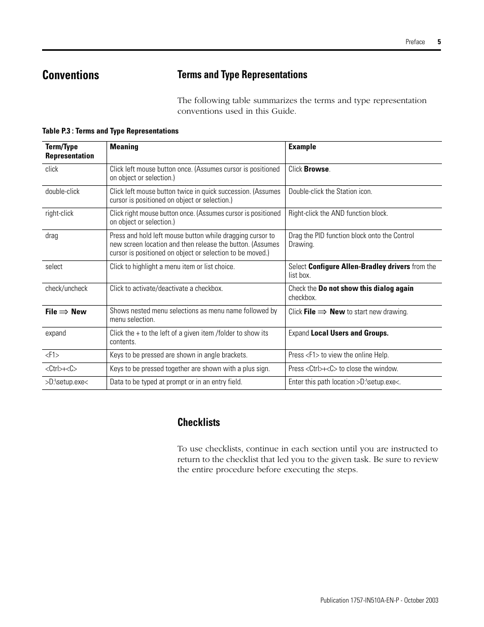 Conventions, Terms and type representations, Checklists | Rockwell Automation 1757-SWKIT5100 ProcessLogix R510.0 Installation and Upgrade Guide User Manual | Page 15 / 271