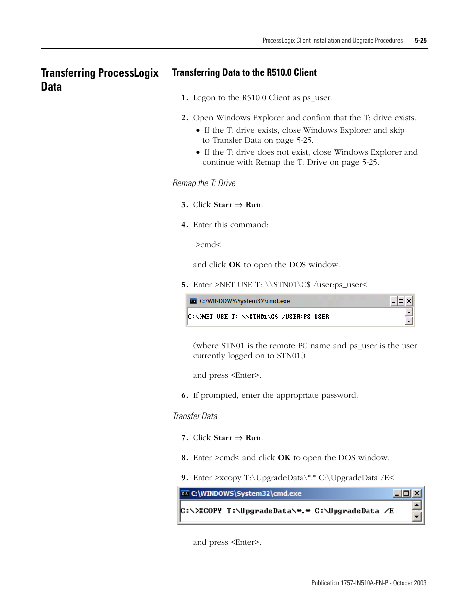 Transferring processlogix data, Transferring data to the r510.0 client, Transferring processlogix data -25 | Transferring data to the r510.0 client -25 | Rockwell Automation 1757-SWKIT5100 ProcessLogix R510.0 Installation and Upgrade Guide User Manual | Page 151 / 271