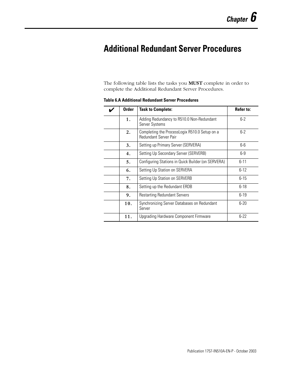 6 - additional redundant server procedures, Chapter 6, Additional redundant server procedures | Chapter | Rockwell Automation 1757-SWKIT5100 ProcessLogix R510.0 Installation and Upgrade Guide User Manual | Page 161 / 271