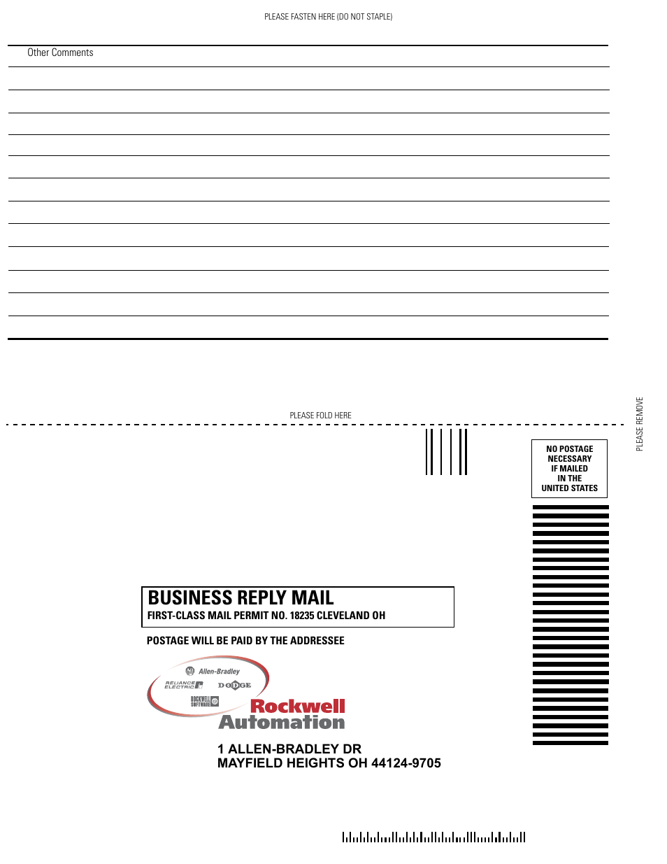 Business reply mail | Rockwell Automation 1757-SWKIT5100 ProcessLogix R510.0 Installation and Upgrade Guide User Manual | Page 268 / 271