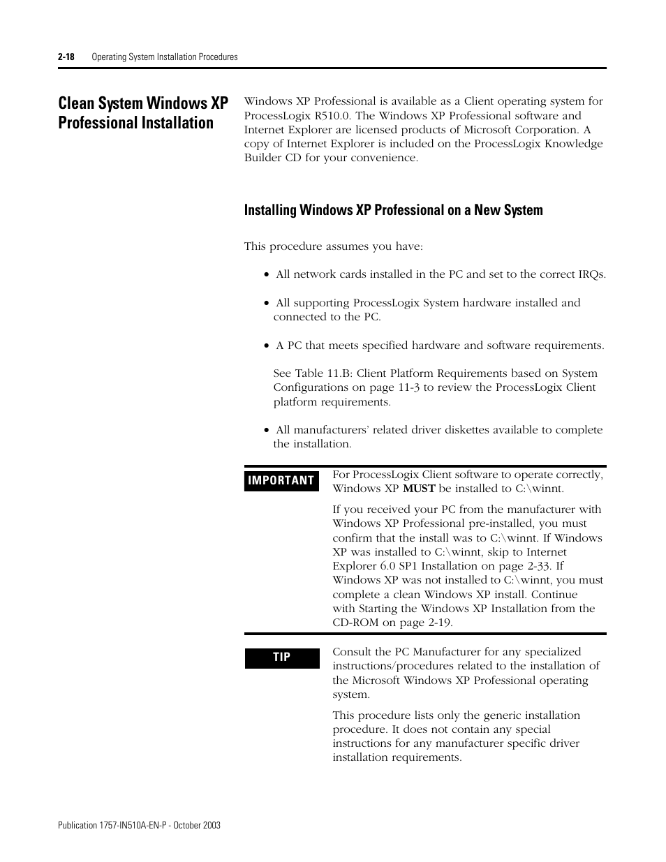 Clean system windows xp professional installation, Installing windows xp professional on a new system | Rockwell Automation 1757-SWKIT5100 ProcessLogix R510.0 Installation and Upgrade Guide User Manual | Page 38 / 271
