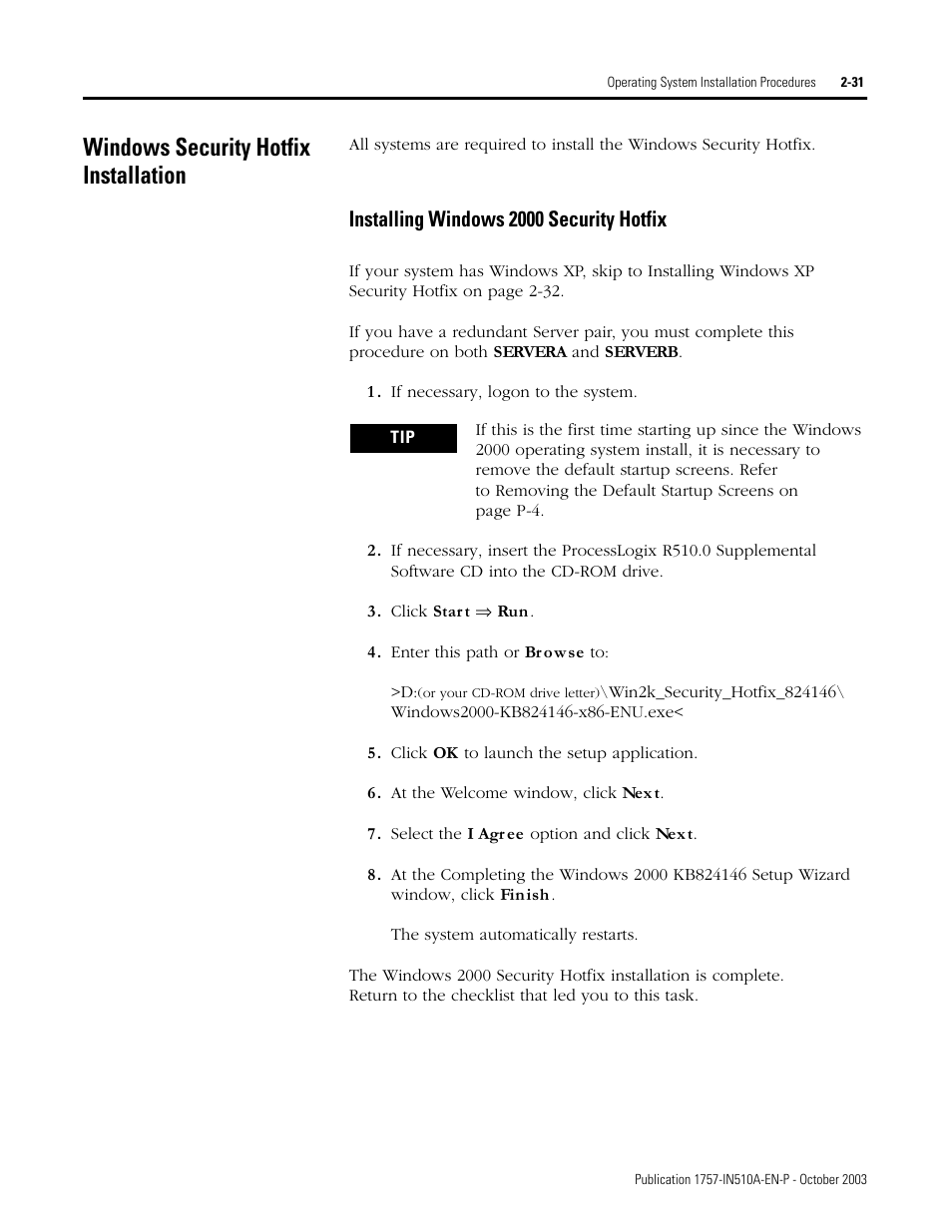 Windows security hotfix installation, Installing windows 2000 security hotfix, Windows security hotfix installation -31 | Installing windows 2000 security hotfix -31 | Rockwell Automation 1757-SWKIT5100 ProcessLogix R510.0 Installation and Upgrade Guide User Manual | Page 51 / 271