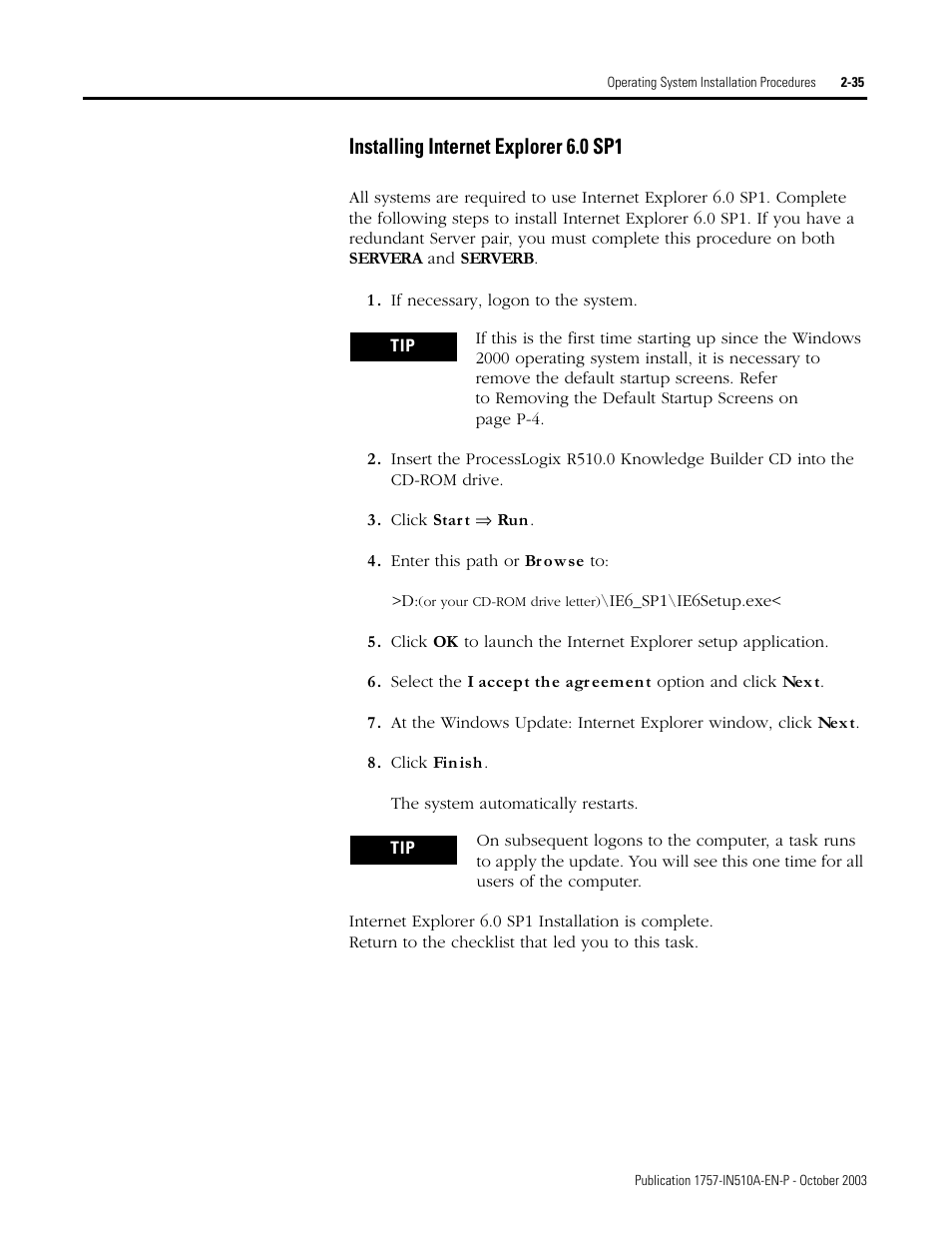 Installing internet explorer 6.0 sp1, Installing internet explorer 6.0 sp1 -35 | Rockwell Automation 1757-SWKIT5100 ProcessLogix R510.0 Installation and Upgrade Guide User Manual | Page 55 / 271