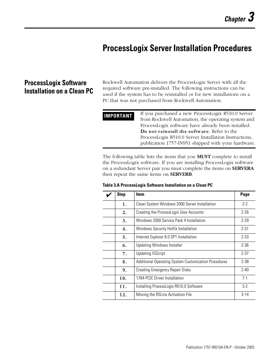 3 - processlogix server installation procedures, Processlogix software installation on a clean pc, Chapter 3 | Processlogix server installation procedures, Chapter | Rockwell Automation 1757-SWKIT5100 ProcessLogix R510.0 Installation and Upgrade Guide User Manual | Page 63 / 271