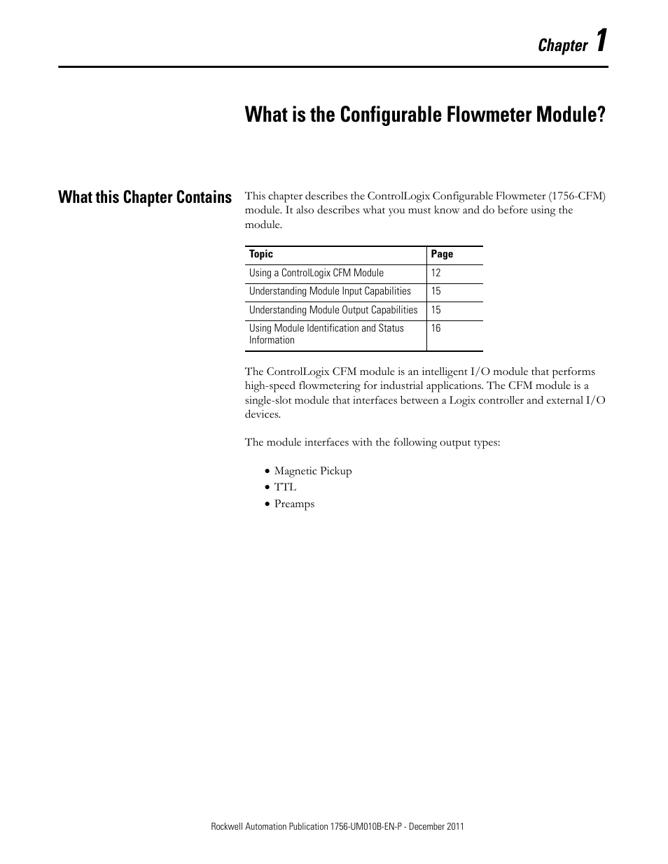 1 - what is the configurable flowmeter module, What this chapter contains, What is the configurable flowmeter module | Chapter | Rockwell Automation 1756-CFM ControlLogix Configurable Flowmeter Module User Manual | Page 11 / 168