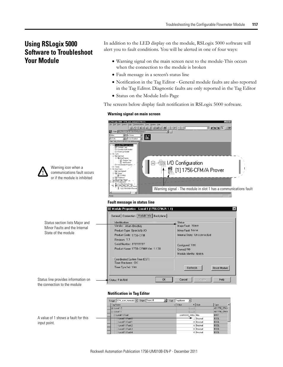 Using rslogix 5000 software to troubleshoot your, Module | Rockwell Automation 1756-CFM ControlLogix Configurable Flowmeter Module User Manual | Page 117 / 168