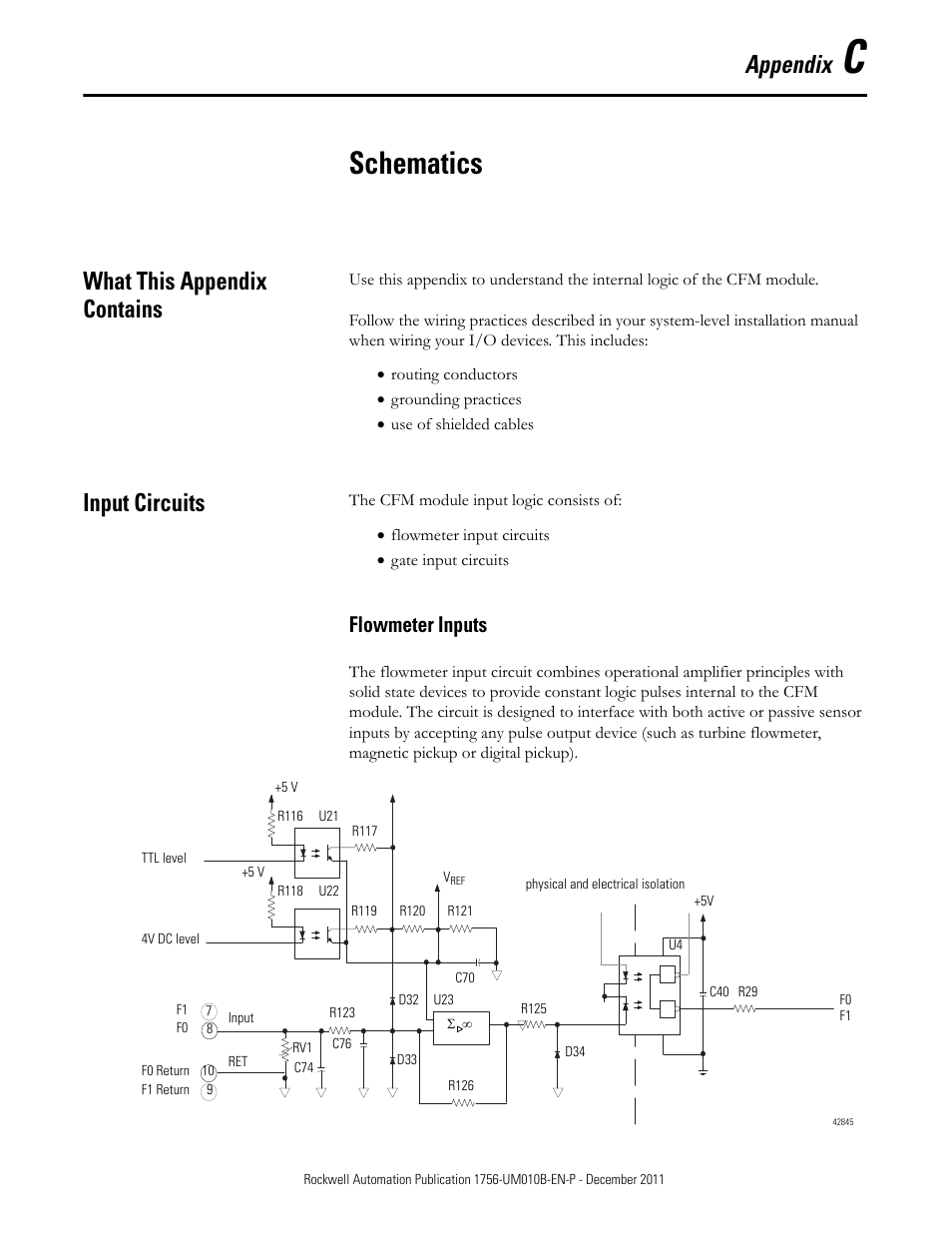 C - schematics, What this appendix contains, Input circuits | Flowmeter inputs, Schematics, Appendix | Rockwell Automation 1756-CFM ControlLogix Configurable Flowmeter Module User Manual | Page 137 / 168