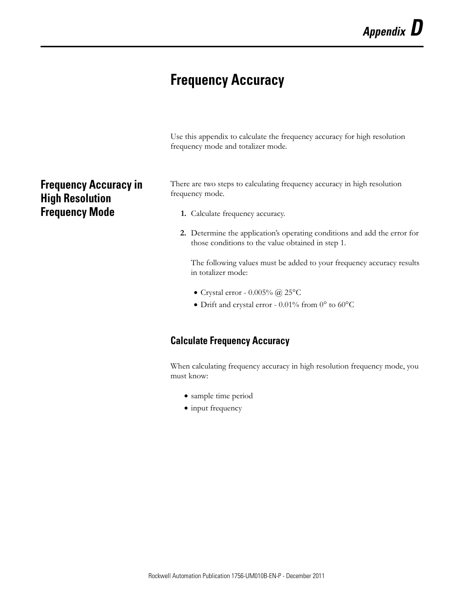 D - frequency accuracy, Calculate frequency accuracy, Appendix d | Frequency accuracy | Rockwell Automation 1756-CFM ControlLogix Configurable Flowmeter Module User Manual | Page 141 / 168