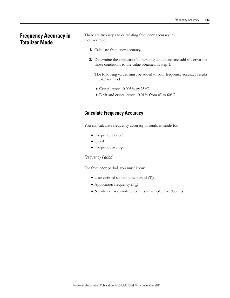 Frequency accuracy in totalizer mode, Calculate frequency accuracy | Rockwell Automation 1756-CFM ControlLogix Configurable Flowmeter Module User Manual | Page 143 / 168