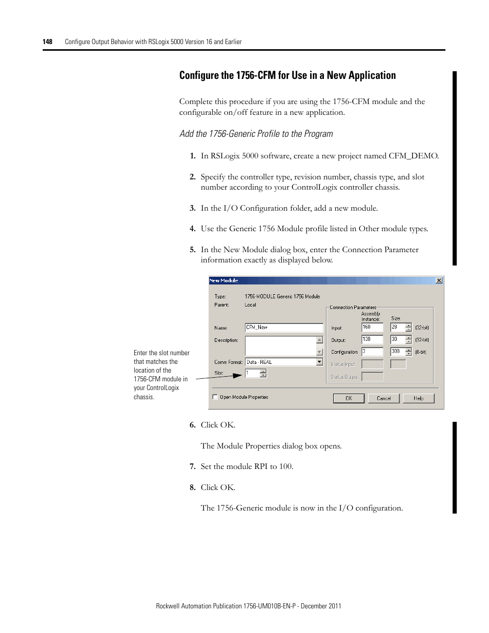 Configure the 1756-cfm for use in a new | Rockwell Automation 1756-CFM ControlLogix Configurable Flowmeter Module User Manual | Page 148 / 168