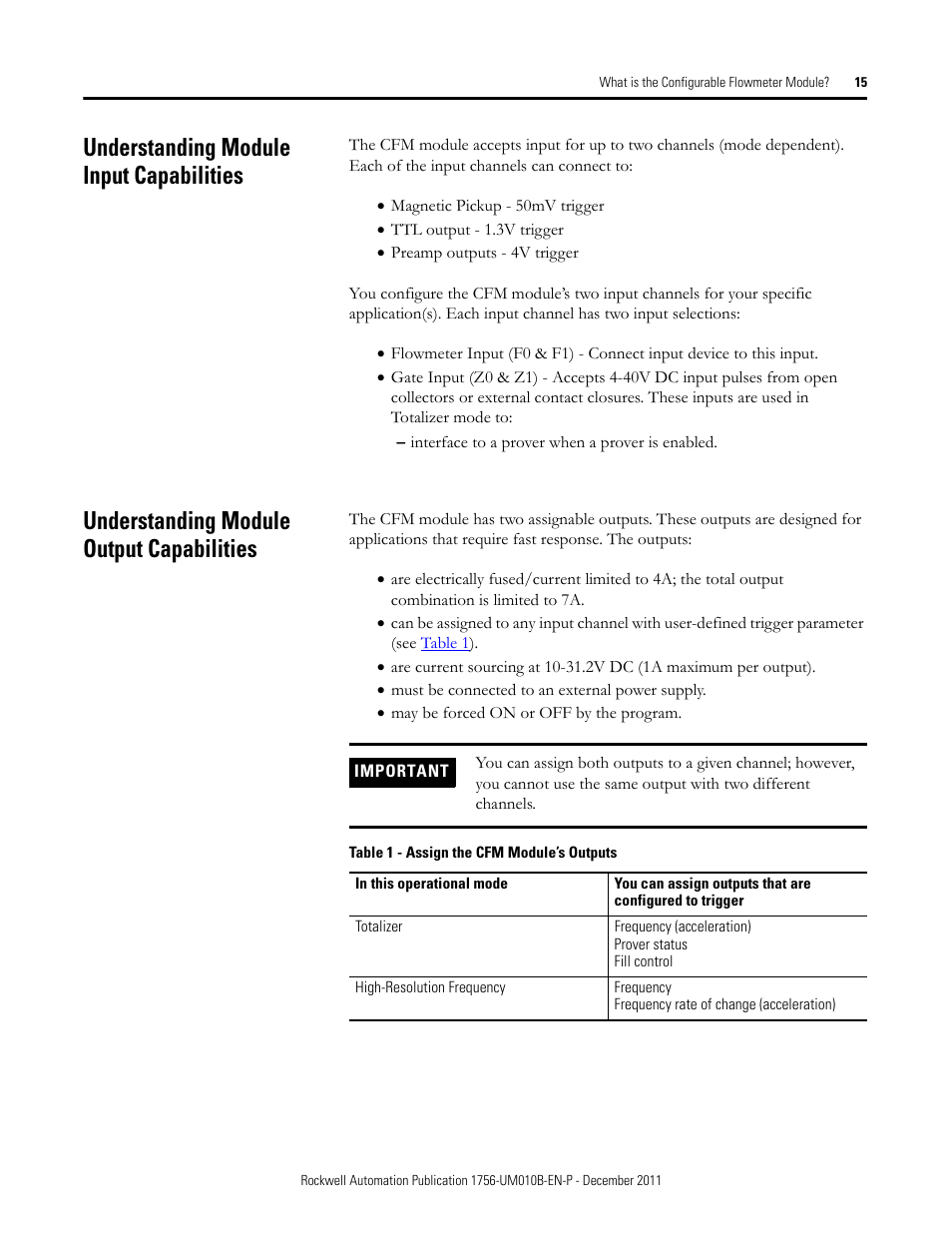 Understanding module input capabilities, Understanding module output capabilities | Rockwell Automation 1756-CFM ControlLogix Configurable Flowmeter Module User Manual | Page 15 / 168